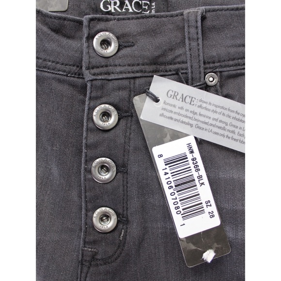 GRACE in LA Destroyed Button Fly Easy-Rise Vintage Black Skinny Jeans 28 6 NEW - Picture 9 of 13